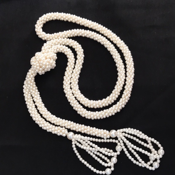 Vintage Faux Pearl Tassel Wrap / Cord / Lariat Necklace with Knot, Ivory - Picture 6 of 10